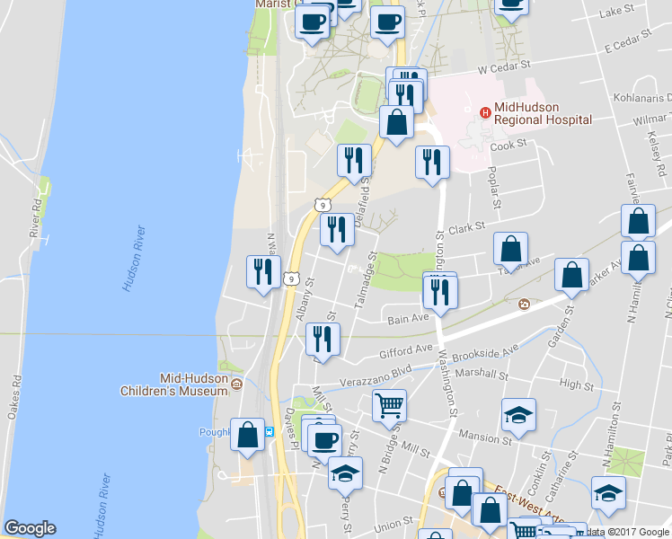 map of restaurants, bars, coffee shops, grocery stores, and more near 74 Delafield Street in Poughkeepsie