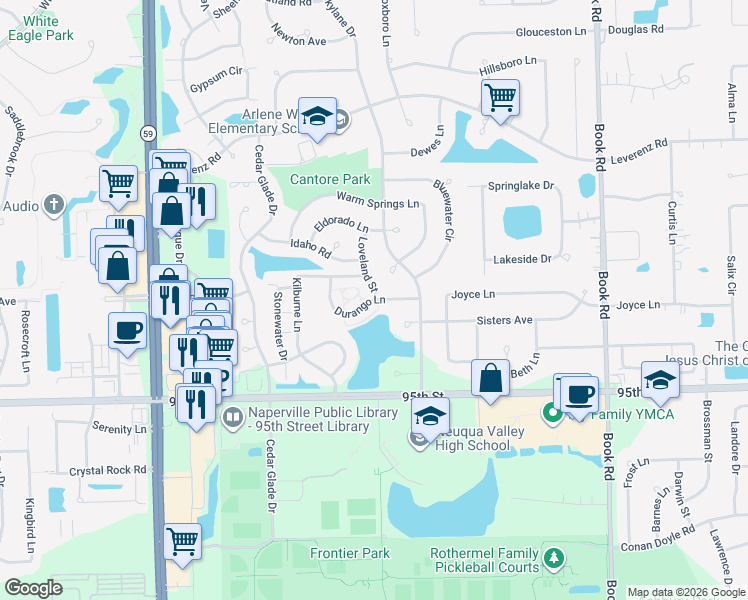 map of restaurants, bars, coffee shops, grocery stores, and more near Durango Lane in Naperville