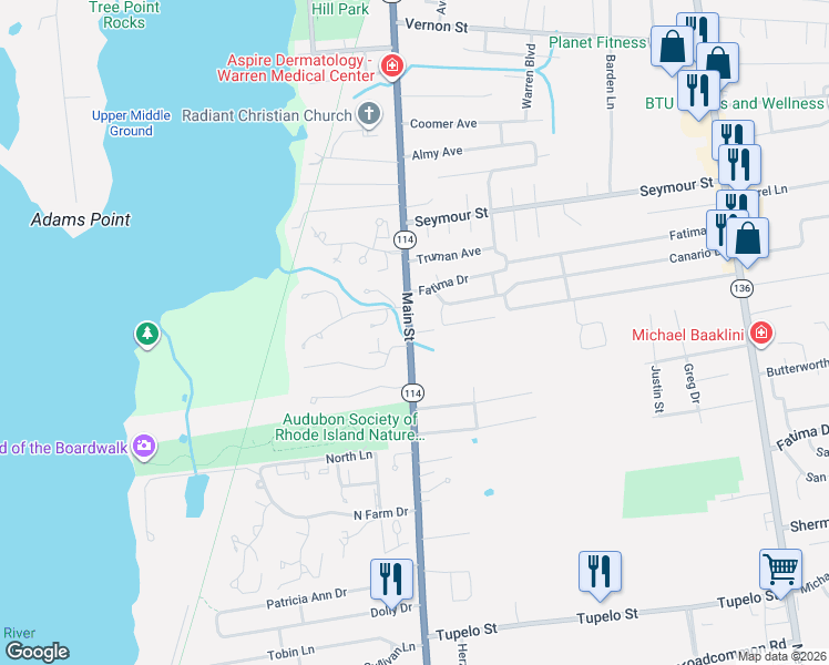 map of restaurants, bars, coffee shops, grocery stores, and more near 5 Notre Dame Avenue in Warren