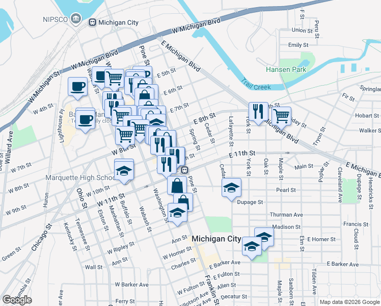 map of restaurants, bars, coffee shops, grocery stores, and more near 301 East 9th Street in Michigan City