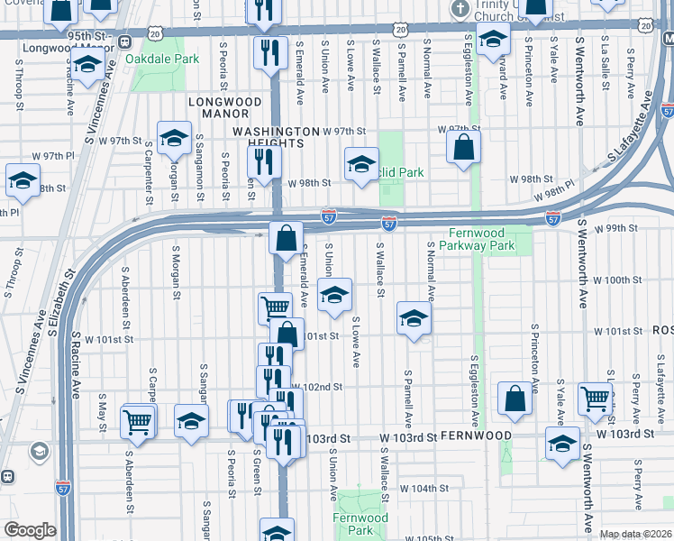 map of restaurants, bars, coffee shops, grocery stores, and more near 9927 South Union Avenue in Chicago