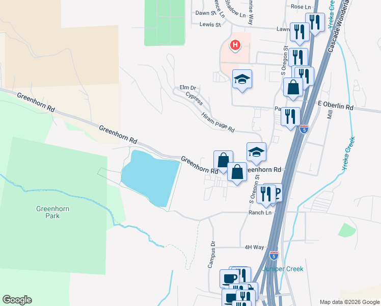map of restaurants, bars, coffee shops, grocery stores, and more near 341-439 Greenhorn Road in Yreka