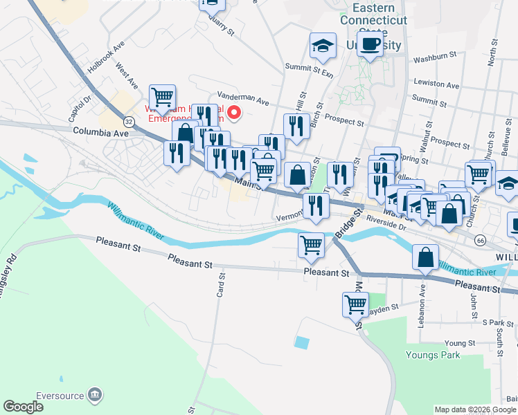 map of restaurants, bars, coffee shops, grocery stores, and more near 30 Winter Street in Windham