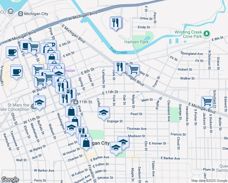 map of restaurants, bars, coffee shops, grocery stores, and more near 401 York Street in Michigan City