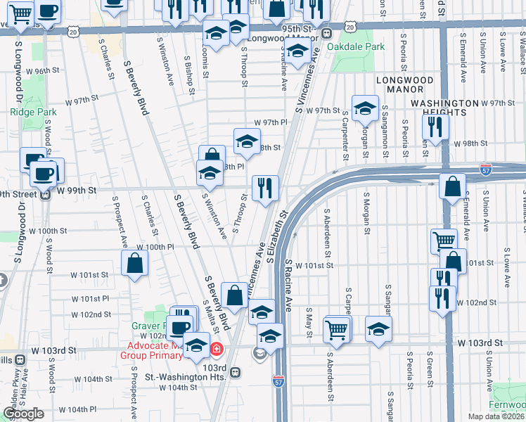 map of restaurants, bars, coffee shops, grocery stores, and more near 9918 South Vincennes Avenue in Chicago