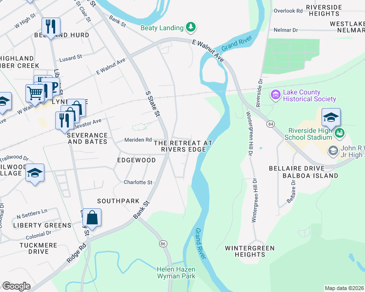 map of restaurants, bars, coffee shops, grocery stores, and more near 703 Rivers Edge Lane in Painesville
