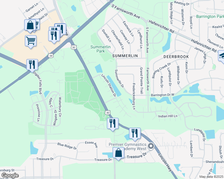 map of restaurants, bars, coffee shops, grocery stores, and more near Lincoln Station Drive in Oswego