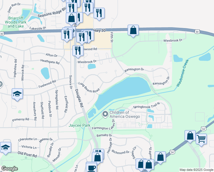 map of restaurants, bars, coffee shops, grocery stores, and more near 323 Kensington Drive in Oswego