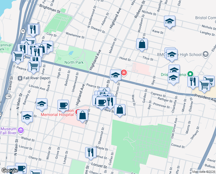 map of restaurants, bars, coffee shops, grocery stores, and more near 214 Read Street in Fall River