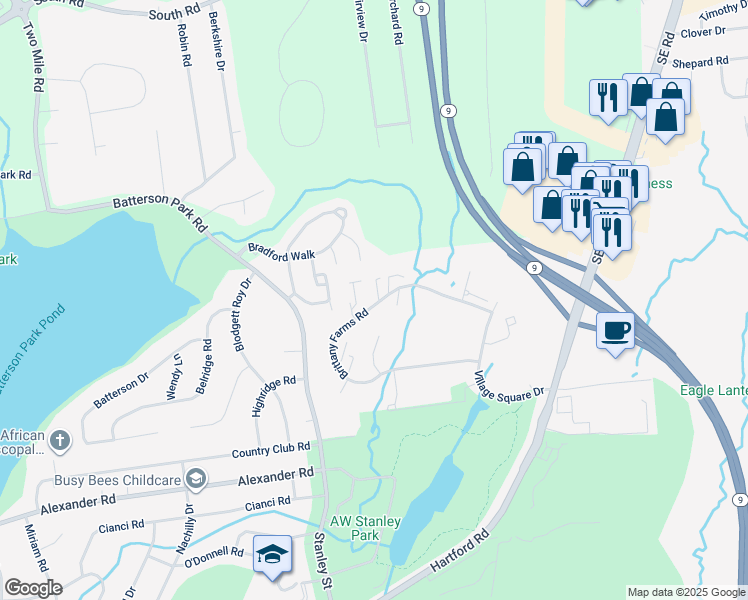 map of restaurants, bars, coffee shops, grocery stores, and more near 260 Brittany Farms Road in New Britain