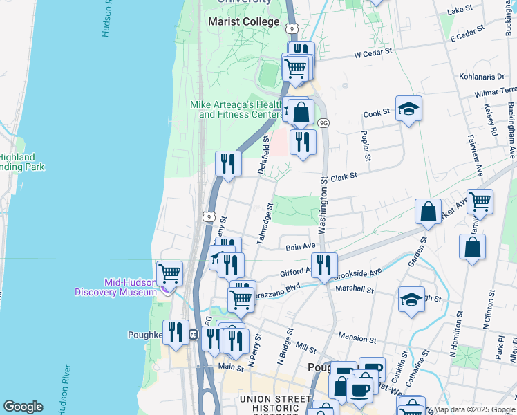 map of restaurants, bars, coffee shops, grocery stores, and more near 91 Delafield Street in Poughkeepsie
