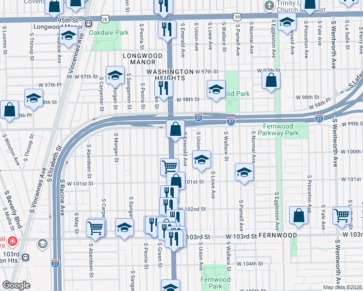 map of restaurants, bars, coffee shops, grocery stores, and more near 9922 South Emerald Avenue in Chicago
