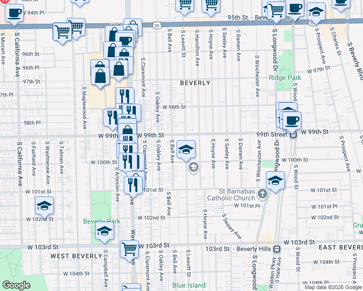 map of restaurants, bars, coffee shops, grocery stores, and more near 9901 South Bell Avenue in Chicago