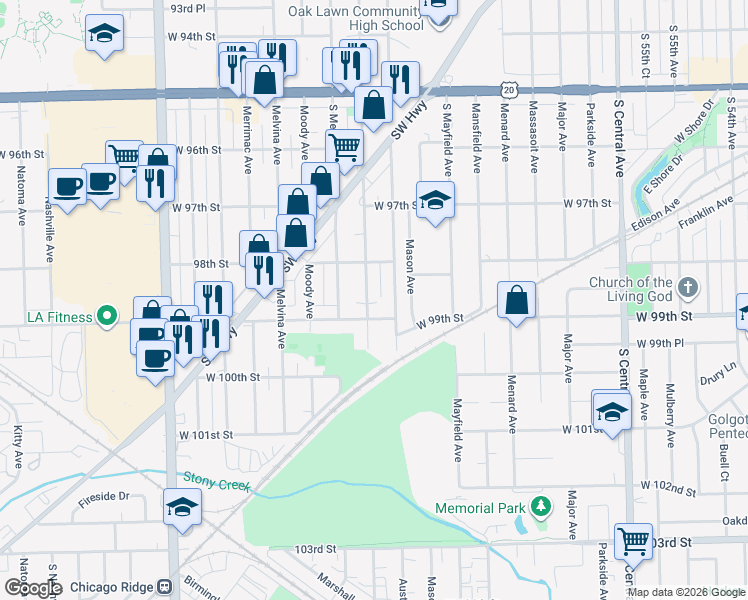 map of restaurants, bars, coffee shops, grocery stores, and more near 9817 McVicker Avenue in Oak Lawn