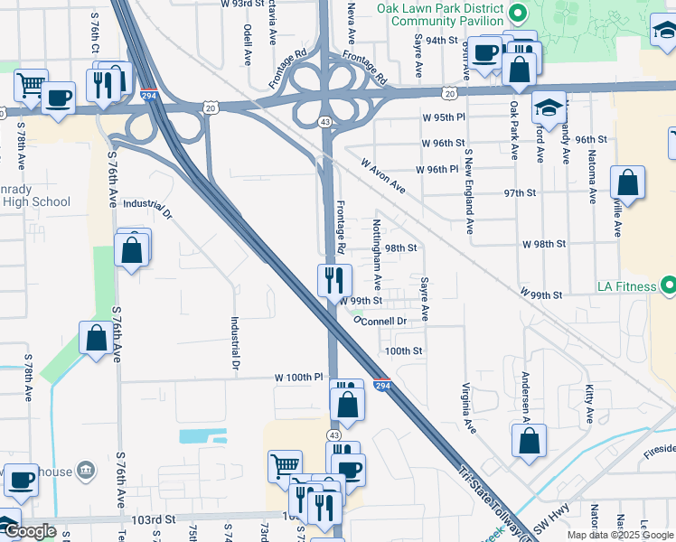 map of restaurants, bars, coffee shops, grocery stores, and more near 9805 Frontage Road in Chicago Ridge