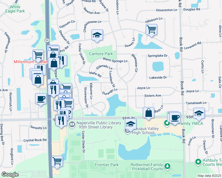 map of restaurants, bars, coffee shops, grocery stores, and more near 2819 Loveland Street in Naperville