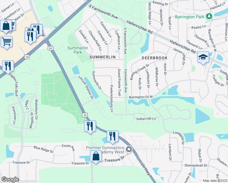 map of restaurants, bars, coffee shops, grocery stores, and more near 2269 Grand Pointe Trail in Aurora