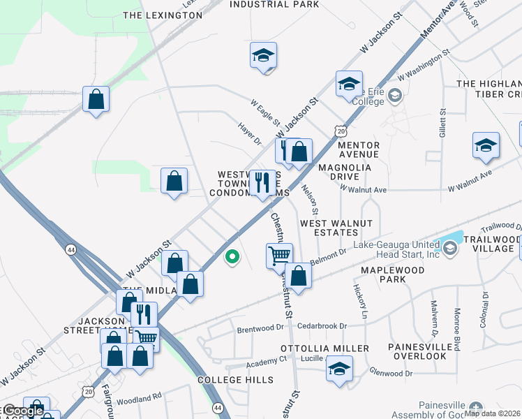 map of restaurants, bars, coffee shops, grocery stores, and more near 792 Mentor Avenue in Painesville
