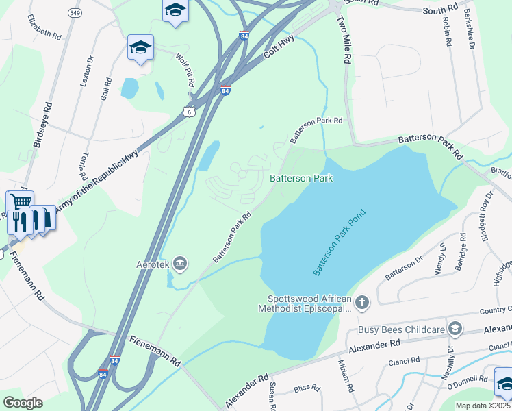 map of restaurants, bars, coffee shops, grocery stores, and more near 74 Batterson Park Road in Farmington