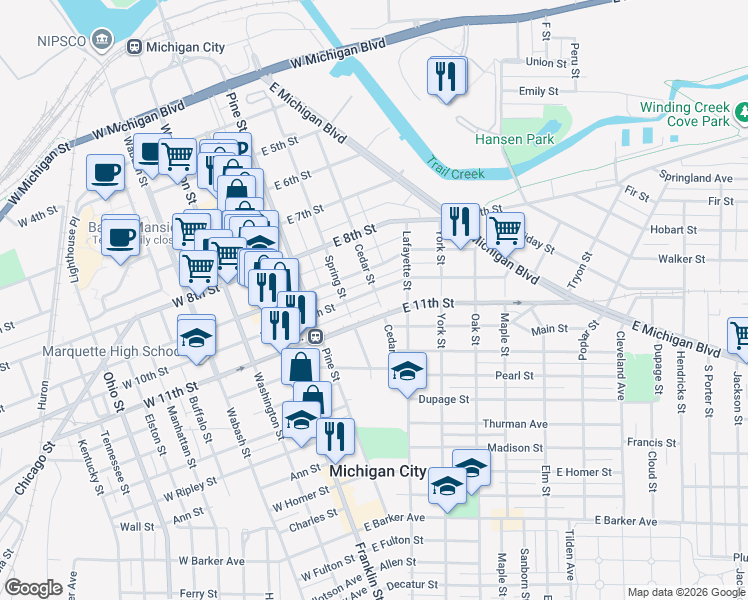 map of restaurants, bars, coffee shops, grocery stores, and more near 402 East 10th Street in Michigan City