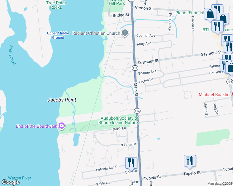 map of restaurants, bars, coffee shops, grocery stores, and more near 15 Bagy Wrinkle Cove in Warren
