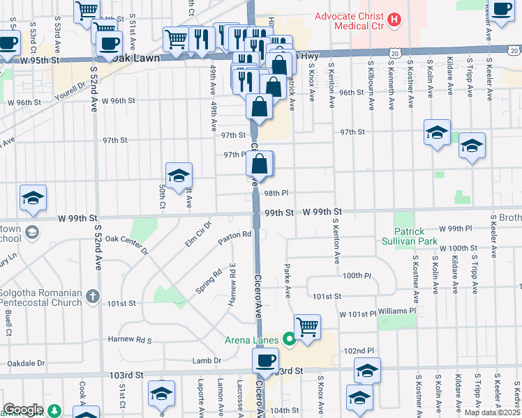 map of restaurants, bars, coffee shops, grocery stores, and more near 9845 South Cicero Avenue in Oak Lawn