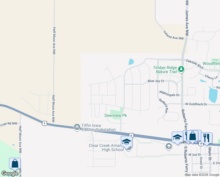 map of restaurants, bars, coffee shops, grocery stores, and more near Owen Street in Tiffin