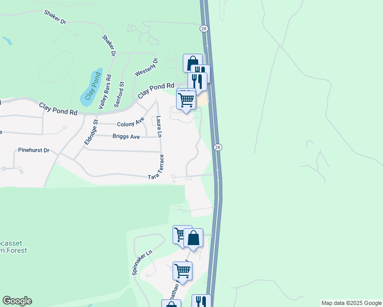 map of restaurants, bars, coffee shops, grocery stores, and more near 100 Harmony Hill Road in Bourne