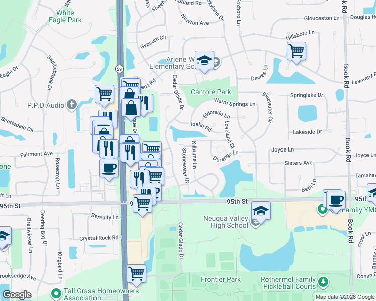 map of restaurants, bars, coffee shops, grocery stores, and more near 2803 Stonewater Drive in Naperville