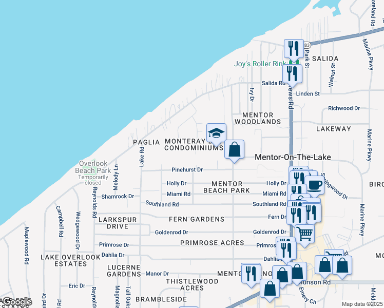 map of restaurants, bars, coffee shops, grocery stores, and more near 7564 Monterey Bay Drive in Mentor-on-the-Lake