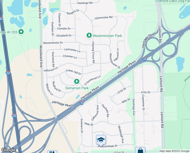 map of restaurants, bars, coffee shops, grocery stores, and more near 1212 South Somerset Lane in Woodridge