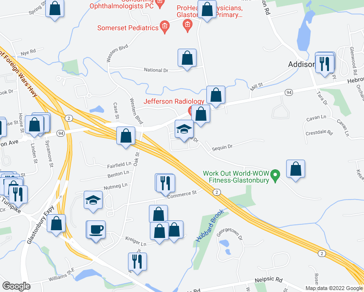 map of restaurants, bars, coffee shops, grocery stores, and more near 628 Hebron Avenue in Glastonbury