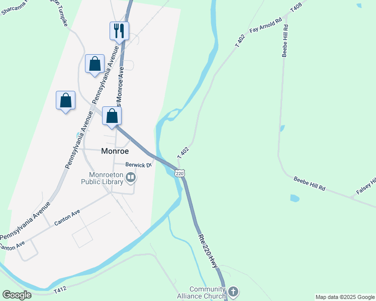 map of restaurants, bars, coffee shops, grocery stores, and more near 142 Woodside Terrace in Towanda