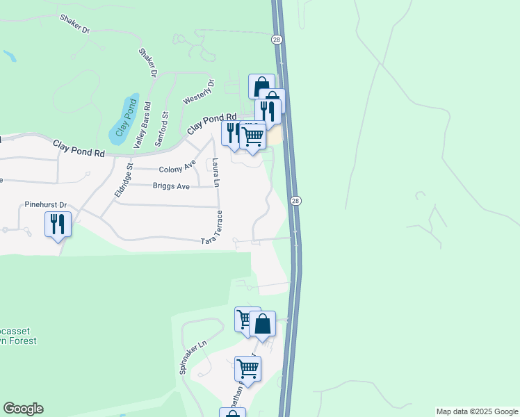 map of restaurants, bars, coffee shops, grocery stores, and more near 100 Harmony Hill Road in Bourne