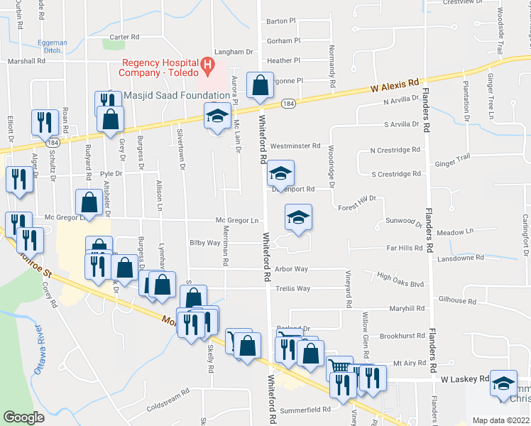 map of restaurants, bars, coffee shops, grocery stores, and more near 5424 Whiteford Road in Sylvania