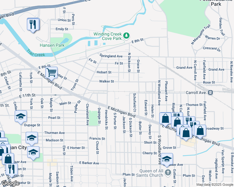 map of restaurants, bars, coffee shops, grocery stores, and more near 304 North Porter Street in Michigan City