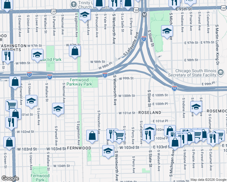 map of restaurants, bars, coffee shops, grocery stores, and more near 9927 South Wentworth Avenue in Chicago