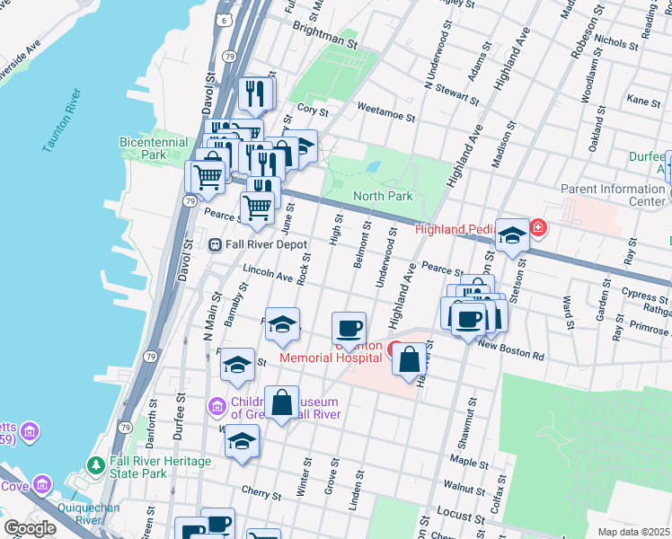 map of restaurants, bars, coffee shops, grocery stores, and more near 318 Belmont Street in Fall River