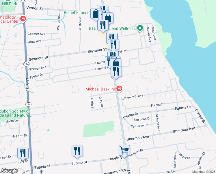 map of restaurants, bars, coffee shops, grocery stores, and more near 659 Metacom Avenue in Warren