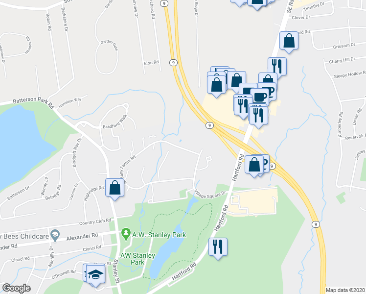 map of restaurants, bars, coffee shops, grocery stores, and more near 400 Brittany Farms Road in New Britain