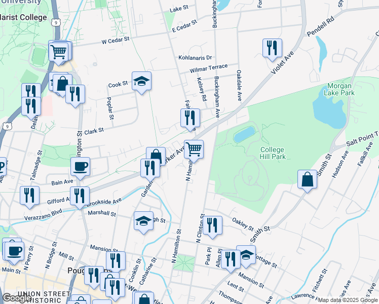 map of restaurants, bars, coffee shops, grocery stores, and more near 214 North Hamilton Street in Poughkeepsie