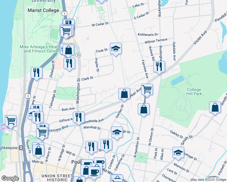 map of restaurants, bars, coffee shops, grocery stores, and more near 72 Taylor Avenue in Poughkeepsie
