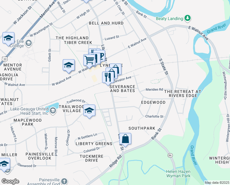 map of restaurants, bars, coffee shops, grocery stores, and more near 577 Liberty Street in Painesville