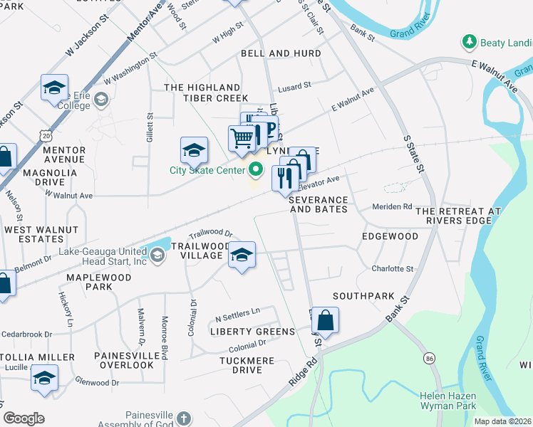map of restaurants, bars, coffee shops, grocery stores, and more near 32 Frederick Street in Painesville