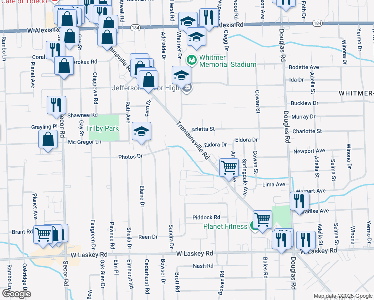 map of restaurants, bars, coffee shops, grocery stores, and more near 2835 Tremainsville Road in Toledo