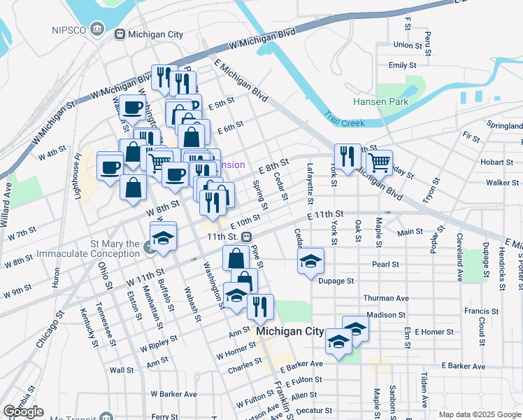 map of restaurants, bars, coffee shops, grocery stores, and more near 301 East 9th Street in Michigan City