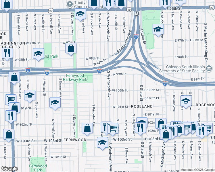map of restaurants, bars, coffee shops, grocery stores, and more near 9927 South Wentworth Avenue in Chicago