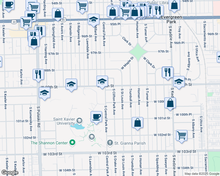 map of restaurants, bars, coffee shops, grocery stores, and more near 3560 West 99th Street in Evergreen Park