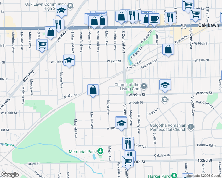 map of restaurants, bars, coffee shops, grocery stores, and more near 5632 West 98th Place in Oak Lawn