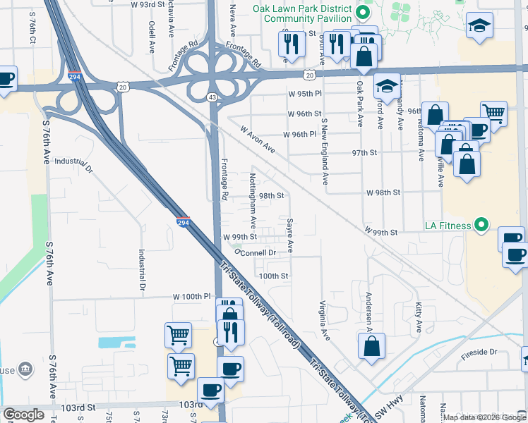 map of restaurants, bars, coffee shops, grocery stores, and more near 7035 98th Street in Chicago Ridge